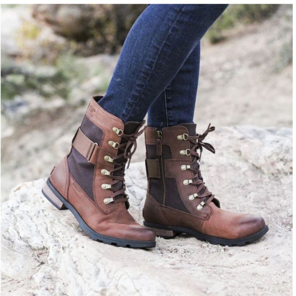 Sorel Womens Emelie Conquest Combat Boots Size 8.5 Waterproof Brown Lace Up